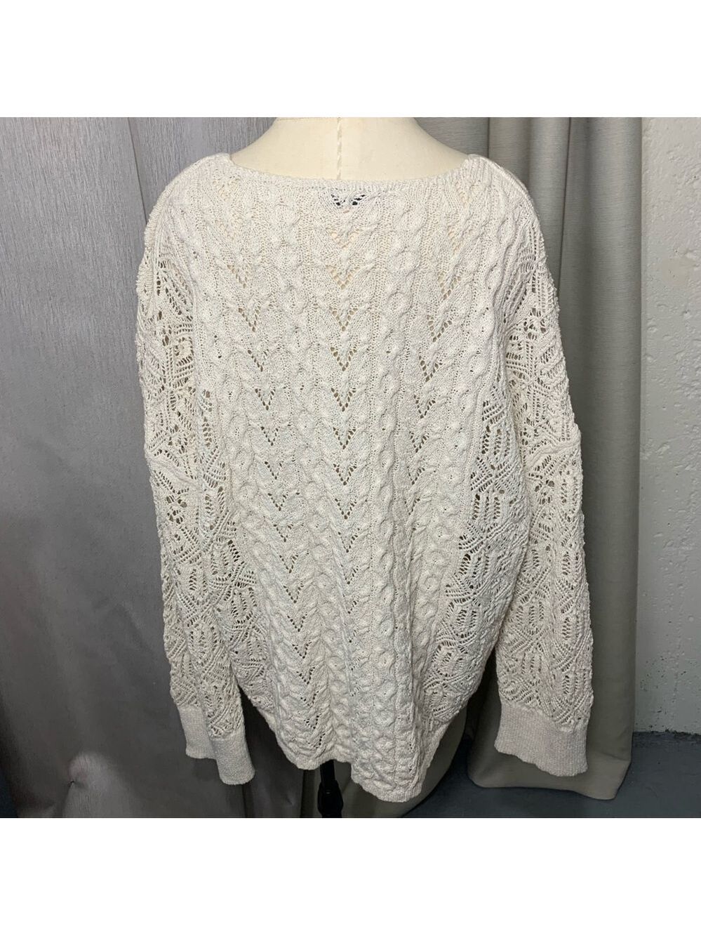 Zara Beige Crochet Cable Knit Sweater Sz S Oversized V Neck Long Sleeve Pullover - Picture 13 of 14